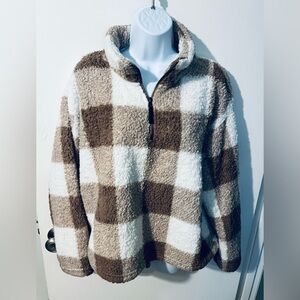 Love Tree Cream and Tan plaid Sherpa Pullover Size Large